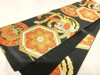平和屋着物◎六通柄袋帯 唐織 鳳凰花文 黒地 金糸 正絹 逸品 AAAU3035yx