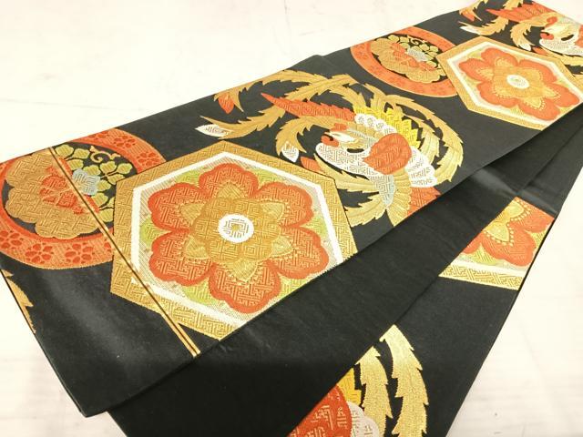 平和屋着物◎六通柄袋帯 唐織 鳳凰花文 黒地 金糸 正絹 逸品 AAAU3035yx