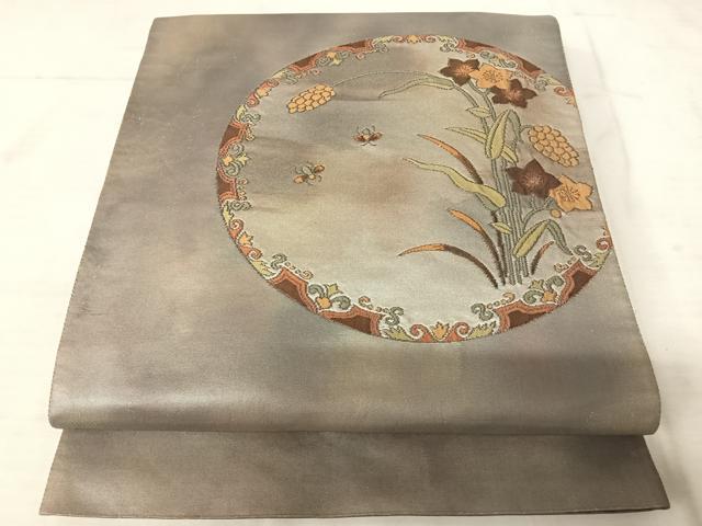 平和屋着物◎太鼓柄袋帯 蛍 草花文 銀糸 正絹 逸品 AAAU3057yx