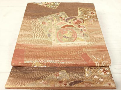 平和屋着物◎六通柄袋帯 唐織 色紙瑞祥文 金糸 正絹 逸品 AAAU3067yx