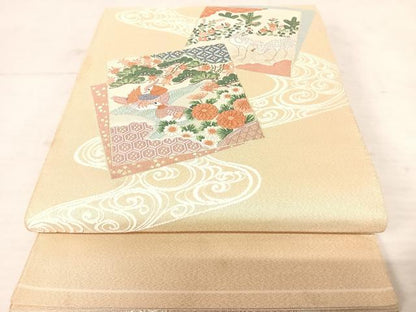 平和屋着物◎綴れ 太鼓柄袋帯 唐織 色紙花鳥文 金糸 正絹 逸品 AAAU3101yx