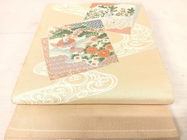 平和屋着物◎綴れ 太鼓柄袋帯 唐織 色紙花鳥文 金糸 正絹 逸品 AAAU3101yx