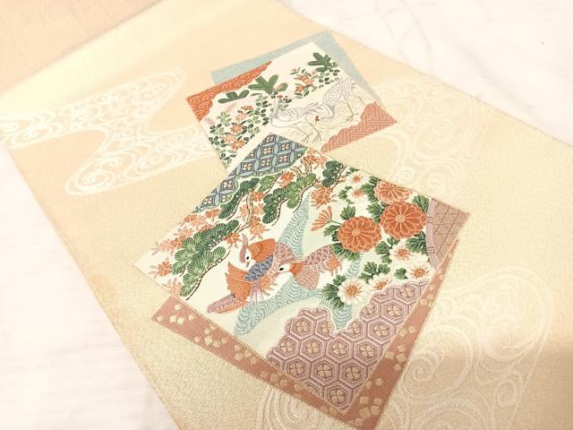 平和屋着物◎綴れ 太鼓柄袋帯 唐織 色紙花鳥文 金糸 正絹 逸品 AAAU3101yx