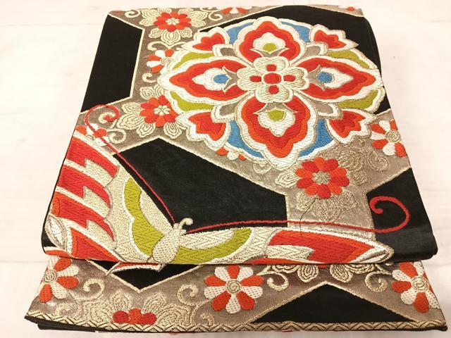 平和屋着物◎六通柄袋帯 唐織 正倉院花文 黒地 金糸 正絹 逸品 AAAU3112yx