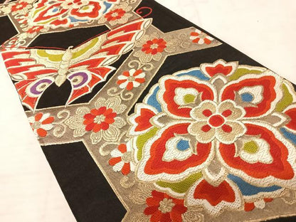 平和屋着物◎六通柄袋帯 唐織 正倉院花文 黒地 金糸 正絹 逸品 AAAU3112yx