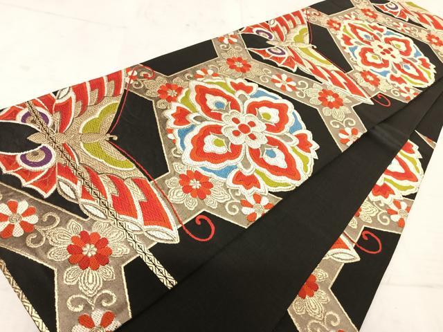 平和屋着物◎六通柄袋帯 唐織 正倉院花文 黒地 金糸 正絹 逸品 AAAU3112yx