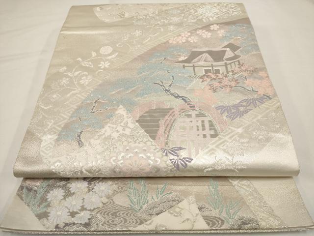 平和屋着物◎六通柄袋帯 唐織 三重箔錦 住吉の庭 銀糸 正絹 逸品 AAAU3228dt