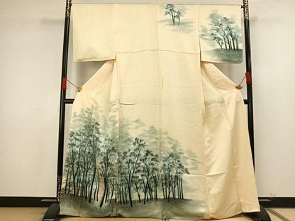 平和屋着物▽訪問着 単衣 手描き 樹林文 暈し染め 正絹 逸品 AAAU4035fy