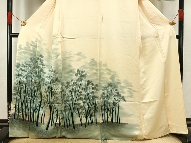 平和屋着物▽訪問着 単衣 手描き 樹林文 暈し染め 正絹 逸品 AAAU4035fy