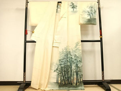 平和屋着物▽訪問着 単衣 手描き 樹林文 暈し染め 正絹 逸品 AAAU4035fy