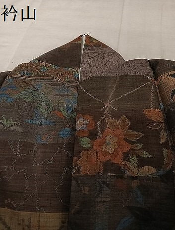 平和屋着物●本場小千谷紬　更紗横段花文　正絹　逸品　AAAU4216np