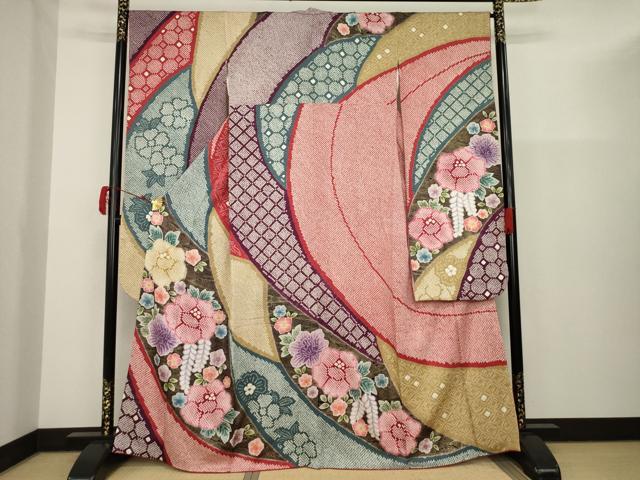 平和屋着物▼豪華振袖 総絞り 草花文 正絹 逸品 AAAU4837ck