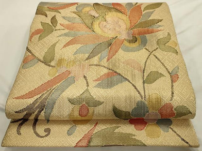 平和屋着物◎全通柄袋帯 更紗花文 金糸 正絹 逸品 AAAU5115sx