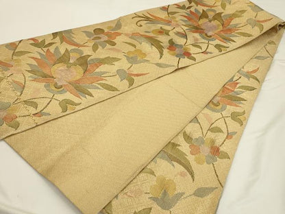 平和屋着物◎全通柄袋帯 更紗花文 金糸 正絹 逸品 AAAU5115sx