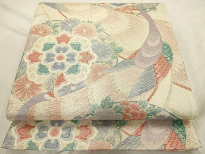 平和屋着物◎六通柄袋帯　孔雀花華文　金糸　正絹　逸品　AAAU5116sx