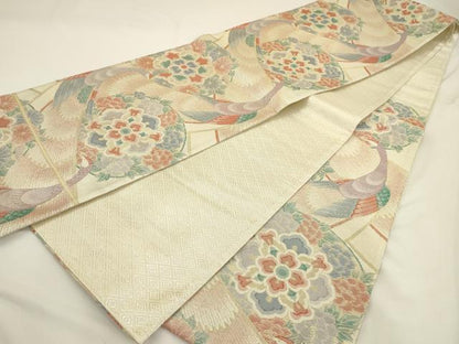 平和屋着物◎六通柄袋帯　孔雀花華文　金糸　正絹　逸品　AAAU5116sx