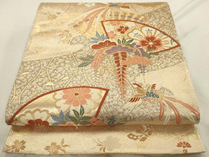 平和屋着物◎六通柄袋帯 唐織 扇面鳳凰花蝶文 金糸 正絹 逸品 AAAU5121sx