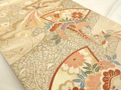 平和屋着物◎六通柄袋帯 唐織 扇面鳳凰花蝶文 金糸 正絹 逸品 AAAU5121sx