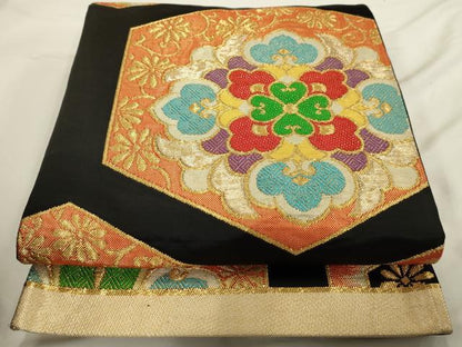 平和屋着物◎六通柄袋帯　亀甲花文　黒地　金糸　正絹　逸品　AAAU5128sx