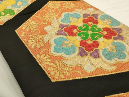 平和屋着物◎六通柄袋帯　亀甲花文　黒地　金糸　正絹　逸品　AAAU5128sx