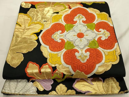 平和屋着物◎六通柄袋帯 唐織 正倉院花文 黒地 金銀糸 正絹 逸品 AAAU5129sx