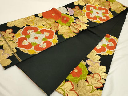 平和屋着物◎六通柄袋帯 唐織 正倉院花文 黒地 金銀糸 正絹 逸品 AAAU5129sx