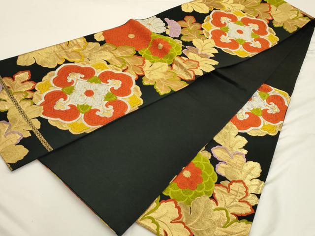 平和屋着物◎六通柄袋帯 唐織 正倉院花文 黒地 金銀糸 正絹 逸品 AAAU5129sx