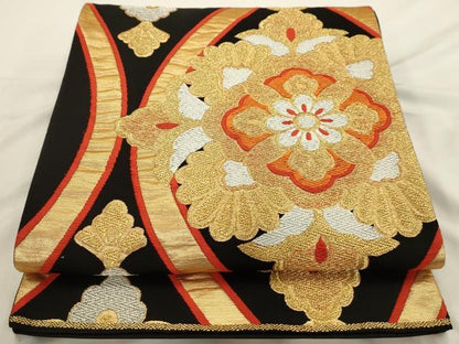 平和屋着物◎六通柄袋帯　唐織　立涌花文　黒地　金銀糸　正絹　逸品　AAAU5131sx
