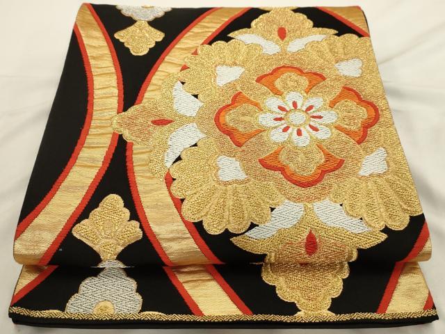 平和屋着物◎六通柄袋帯　唐織　立涌花文　黒地　金銀糸　正絹　逸品　AAAU5131sx