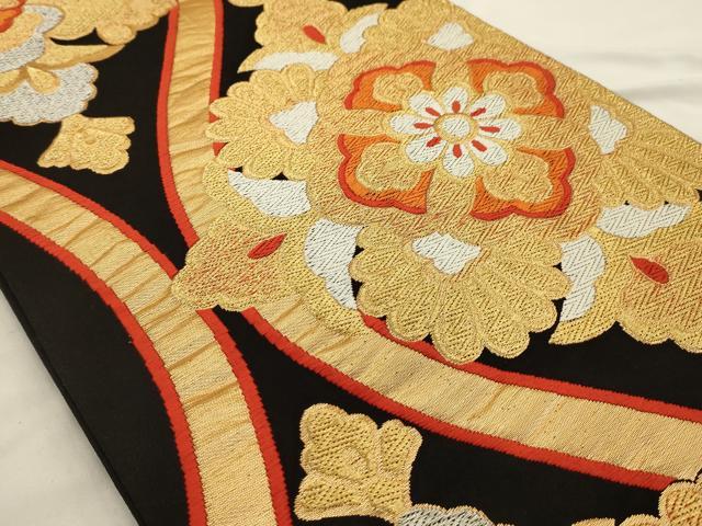 平和屋着物◎六通柄袋帯　唐織　立涌花文　黒地　金銀糸　正絹　逸品　AAAU5131sx