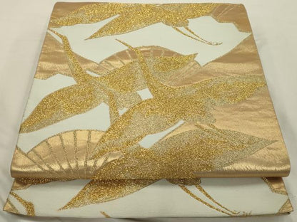 平和屋着物◎六通柄袋帯 扇面飛鶴文 金糸 正絹 逸品 AAAU5148sx