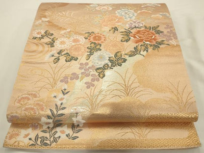 平和屋着物◎六通柄袋帯 唐織 流水花風景文 金糸 正絹 逸品 AAAU5187sx