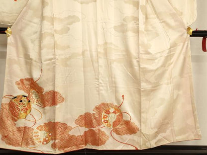 平和屋着物∵女の子　十三参り　子供　祝着・袋帯セット　駒刺繍　雲重ね扇花文　金彩　逸品　AAAU5288ja