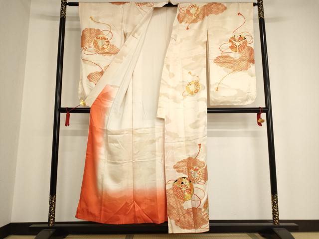平和屋着物∵女の子　十三参り　子供　祝着・袋帯セット　駒刺繍　雲重ね扇花文　金彩　逸品　AAAU5288ja