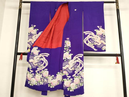 平和屋着物[]アンティーク　大正ロマン　七五三　女の子　７歳　祝着　四つ身　刺繍　鳳凰菊文　逸品　AAAU5293ja