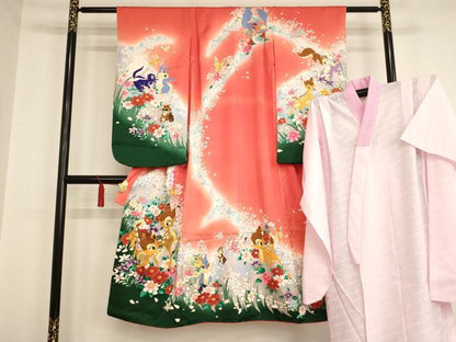 平和屋着物[]七五三　女の子　７歳　祝着　四つ身　長襦袢セット　ウォルト・ディズニー　バンビ　暈し染め　金銀彩　逸品　AAAU5322ja