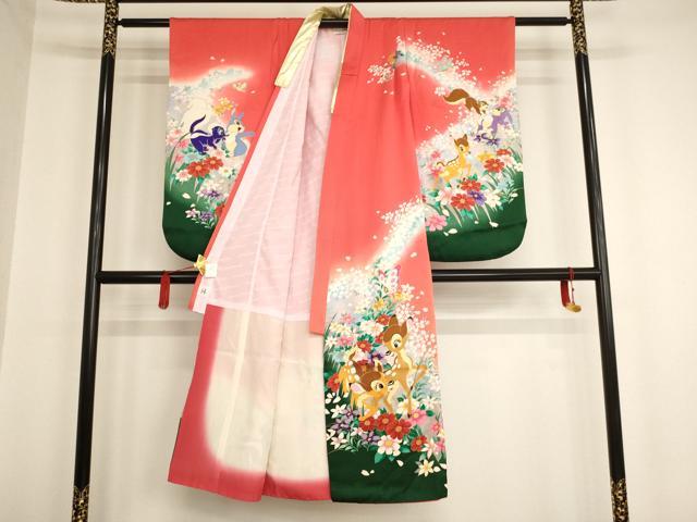 平和屋着物[]七五三　女の子　７歳　祝着　四つ身　長襦袢セット　ウォルト・ディズニー　バンビ　暈し染め　金銀彩　逸品　AAAU5322ja