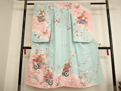 平和屋着物[]七五三　女の子　７歳　祝着　四つ身　駒刺繍　花車文　暈し染め　金彩　正絹　逸品　AAAU5352ja