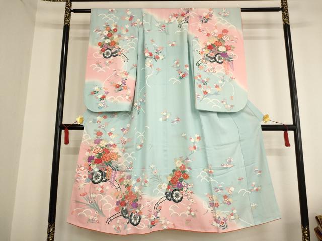平和屋着物[]七五三　女の子　７歳　祝着　四つ身　駒刺繍　花車文　暈し染め　金彩　正絹　逸品　AAAU5352ja
