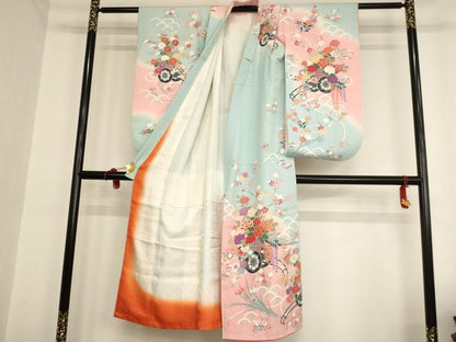 平和屋着物[]七五三　女の子　７歳　祝着　四つ身　駒刺繍　花車文　暈し染め　金彩　正絹　逸品　AAAU5352ja