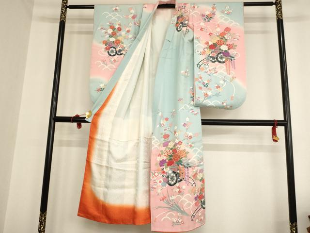 平和屋着物[]七五三　女の子　７歳　祝着　四つ身　駒刺繍　花車文　暈し染め　金彩　正絹　逸品　AAAU5352ja