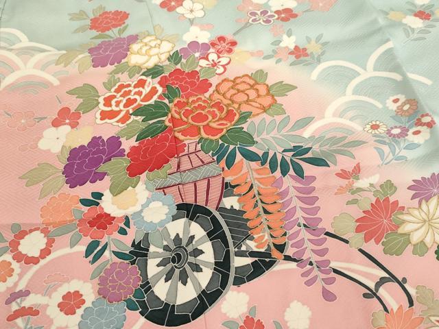 平和屋着物[]七五三　女の子　７歳　祝着　四つ身　駒刺繍　花車文　暈し染め　金彩　正絹　逸品　AAAU5352ja