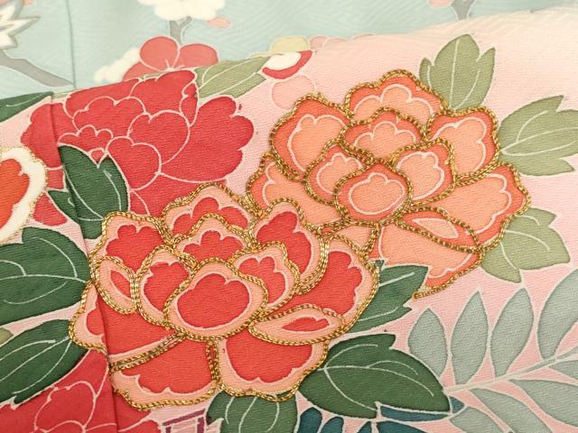 平和屋着物[]七五三　女の子　７歳　祝着　四つ身　駒刺繍　花車文　暈し染め　金彩　正絹　逸品　AAAU5352ja