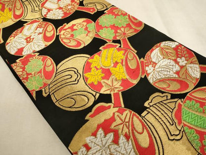 平和屋着物[]子供　全通柄袋帯　唐織　打ち出の小槌　黒地　金糸　正絹　逸品　AAAU5354ja