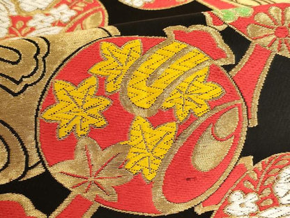 平和屋着物[]子供　全通柄袋帯　唐織　打ち出の小槌　黒地　金糸　正絹　逸品　AAAU5354ja