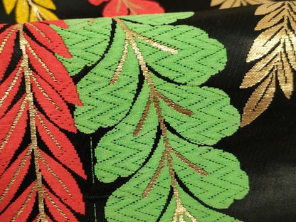 平和屋着物[]子供　全通柄袋帯　唐織　草花文　黒地　金糸　正絹　逸品　AAAU5355ja