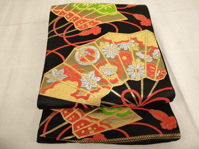 平和屋着物[]子供　全通柄袋帯　唐織　扇面花文　黒地　金銀糸　正絹　逸品　AAAU5358ja