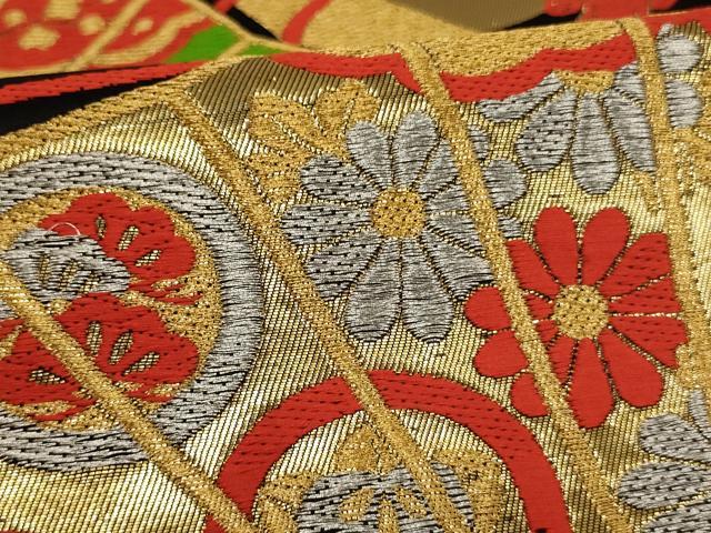 平和屋着物[]子供　全通柄袋帯　唐織　扇面花文　黒地　金銀糸　正絹　逸品　AAAU5358ja