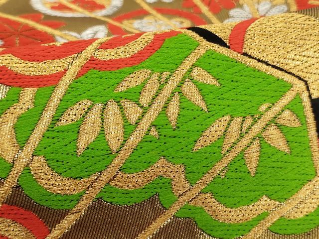 平和屋着物[]子供　全通柄袋帯　唐織　扇面花文　黒地　金銀糸　正絹　逸品　AAAU5358ja