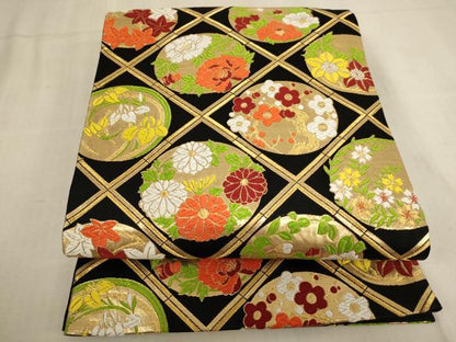 平和屋着物[]子供　全通柄袋帯　唐織　花丸文　黒地　金糸　三越扱い　正絹　逸品　AAAU5363ja
